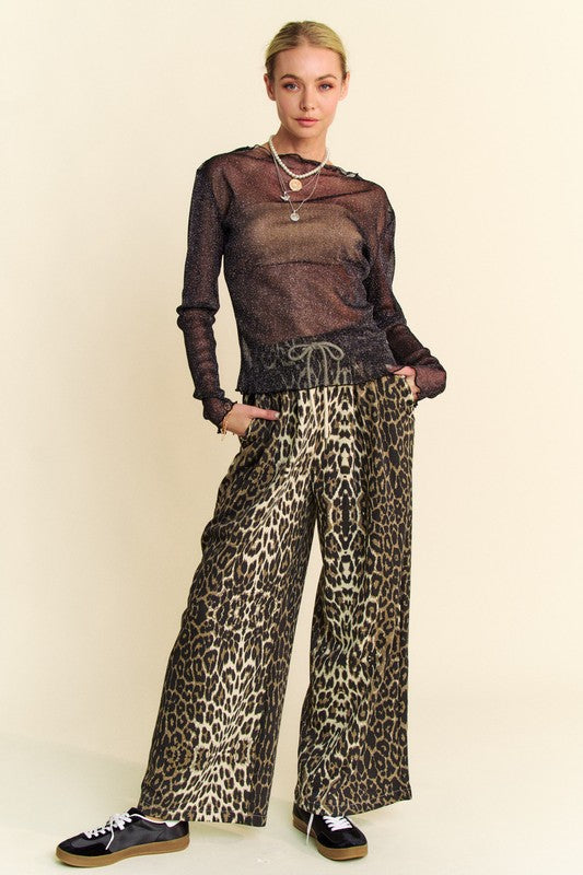 Davi & Dani Glitter Mesh Lettuce Hem Long Sleeve Top Trendsi