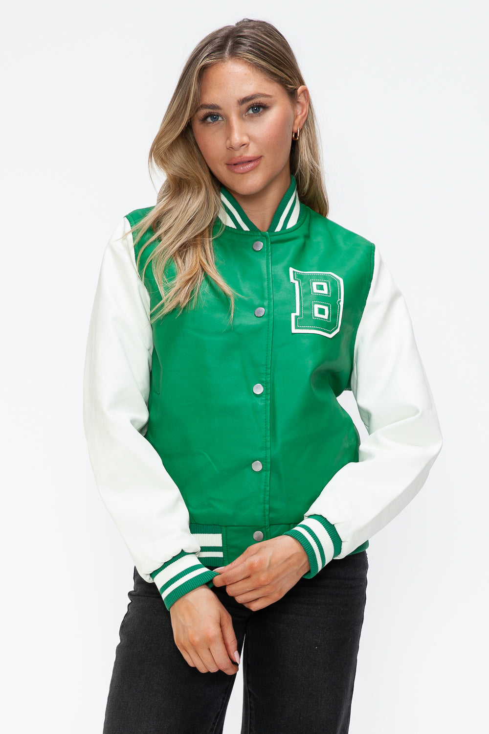 Love Me Now PU Leather Contrast Snap Down Bomber Jacket Trendsi