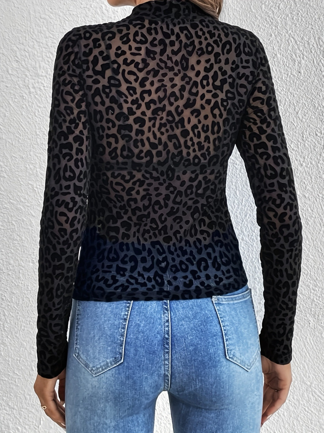 Leopard Mock Neck Long Sleeve Sheer MeshTop
