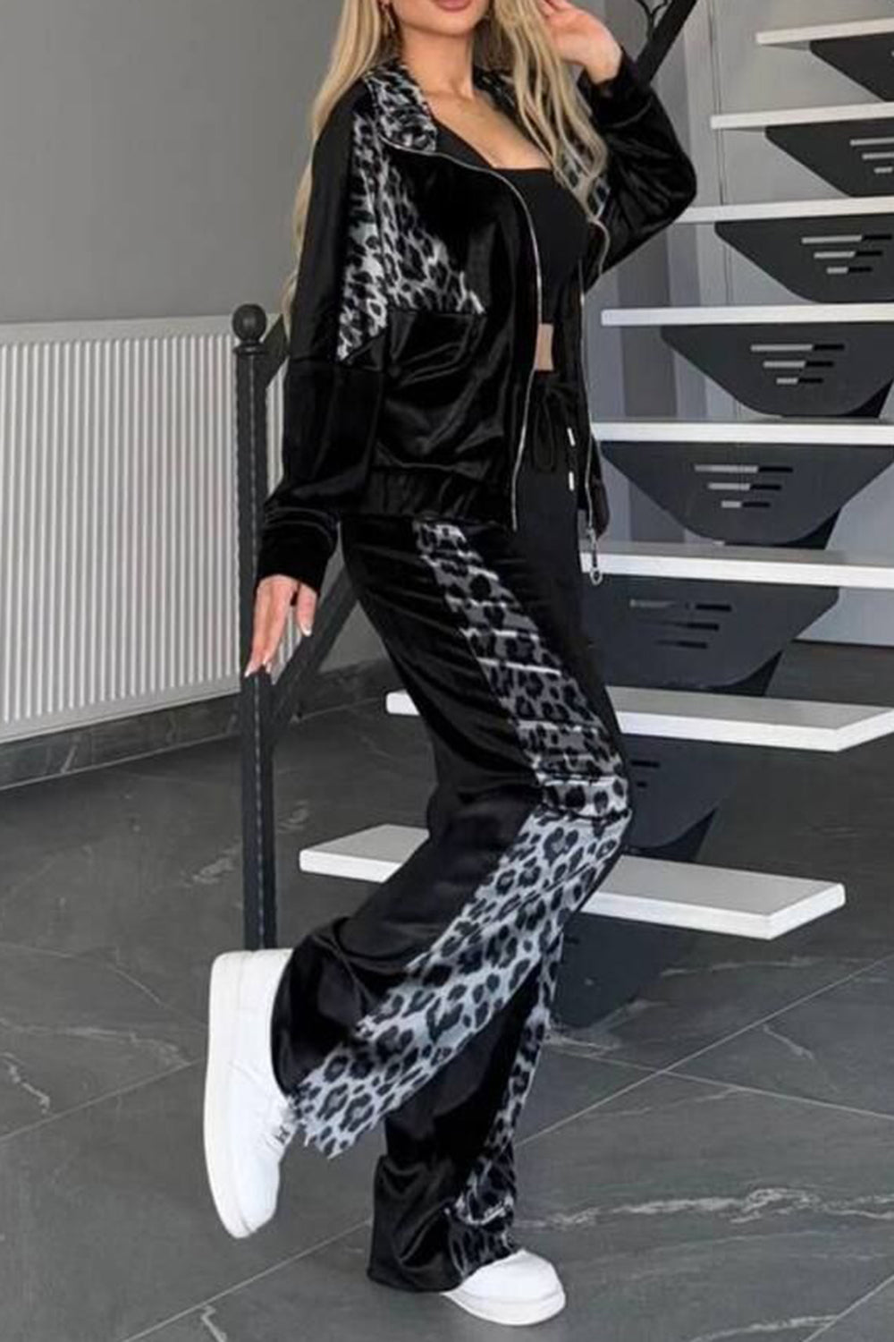 Full Size Collared Neck Leopard Zip Up Top and Pants Loungewear Set