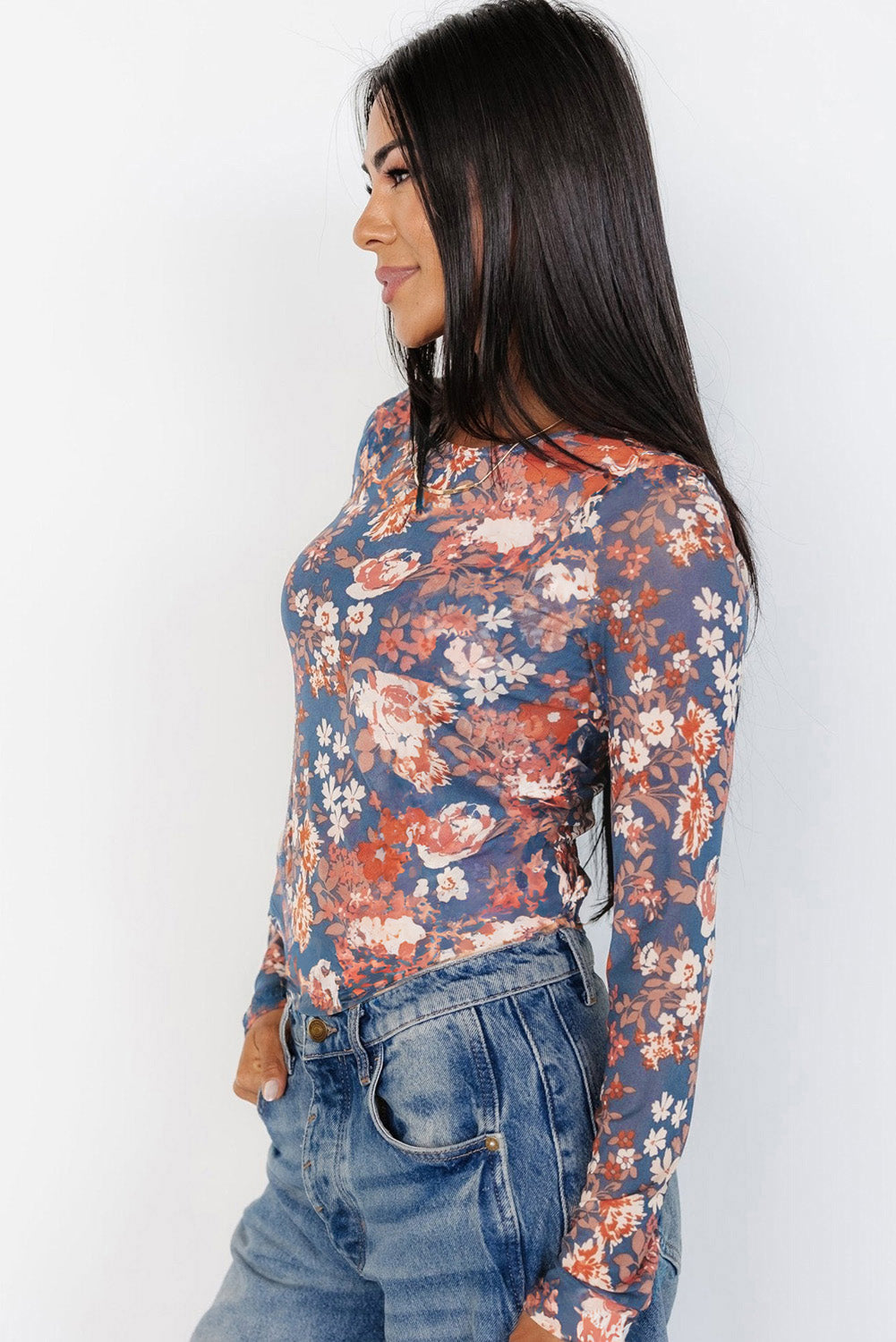 Orchid Petal Floral Print Mesh Fitted Long Sleeve Top Kittybear Krafts