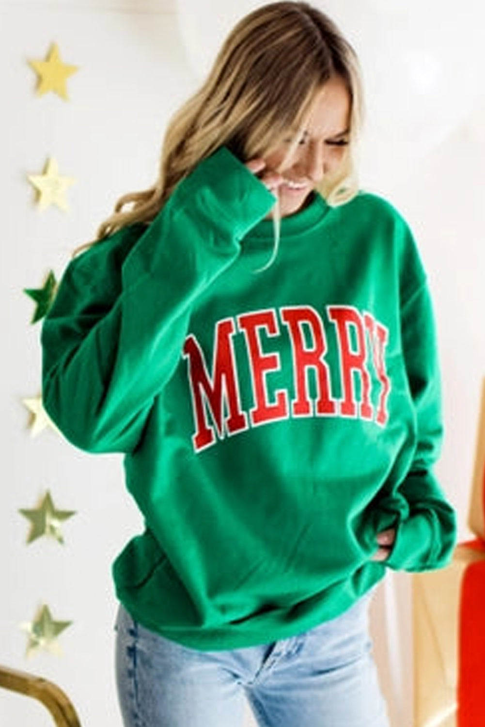 Bright Green MERRY Graphic Christmas Pullover Sweater Kittybear Krafts