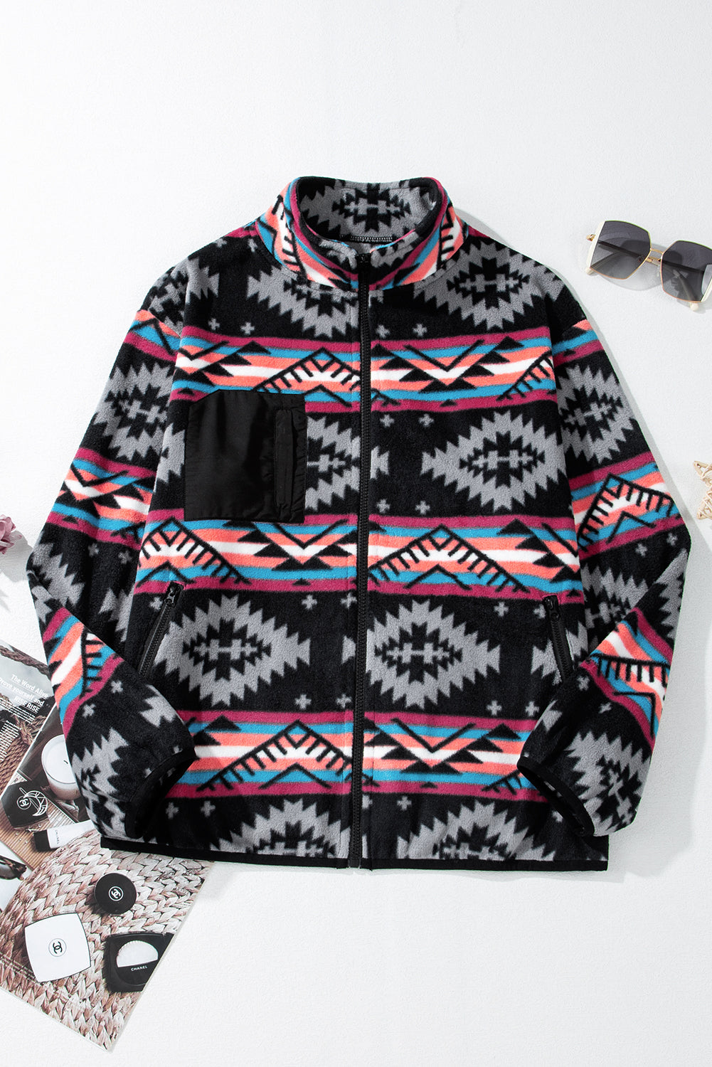 Black Aztec Printed Zip Up Collar Jacket Kittybear Krafts