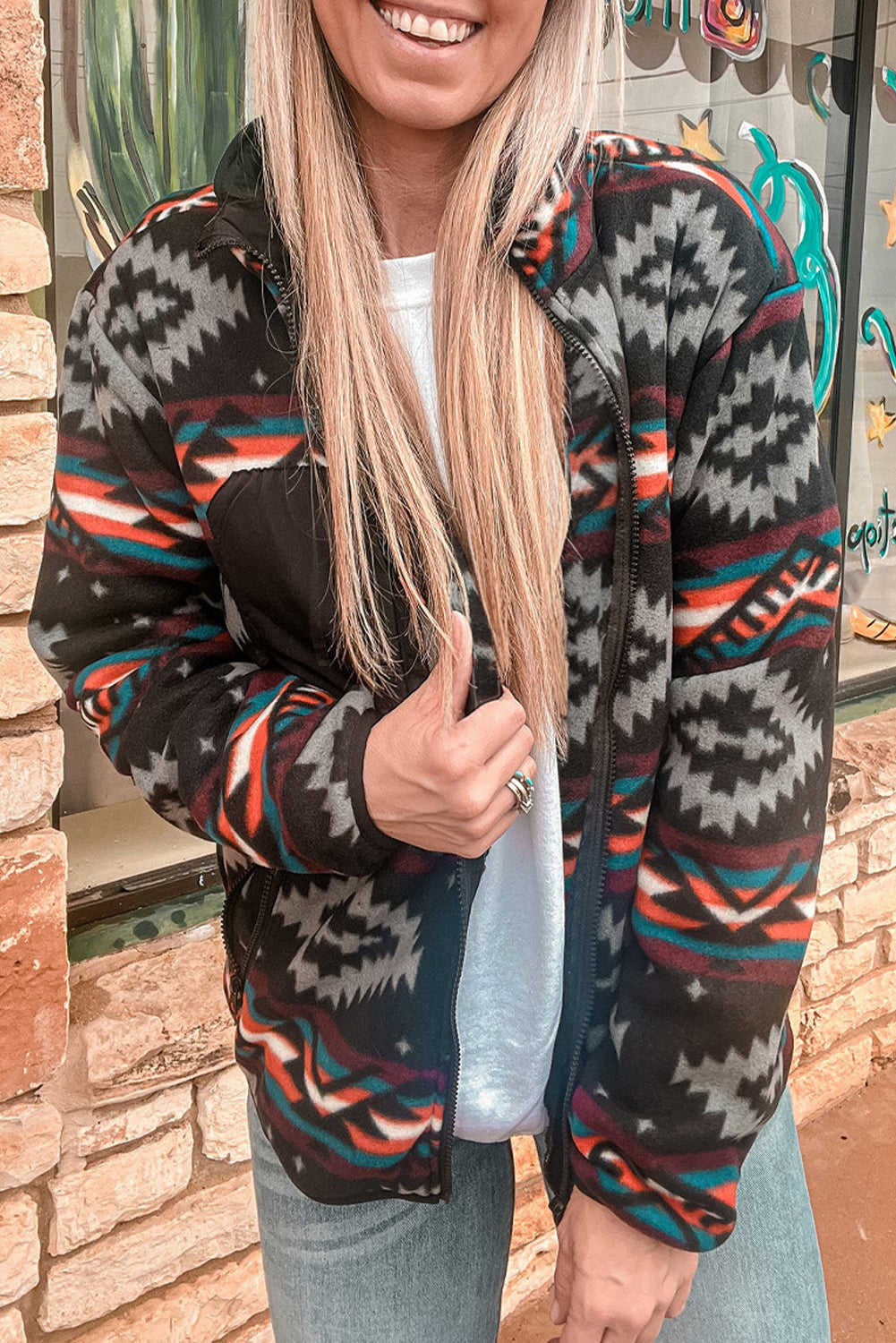 Black Aztec Printed Zip Up Collar Jacket Kittybear Krafts