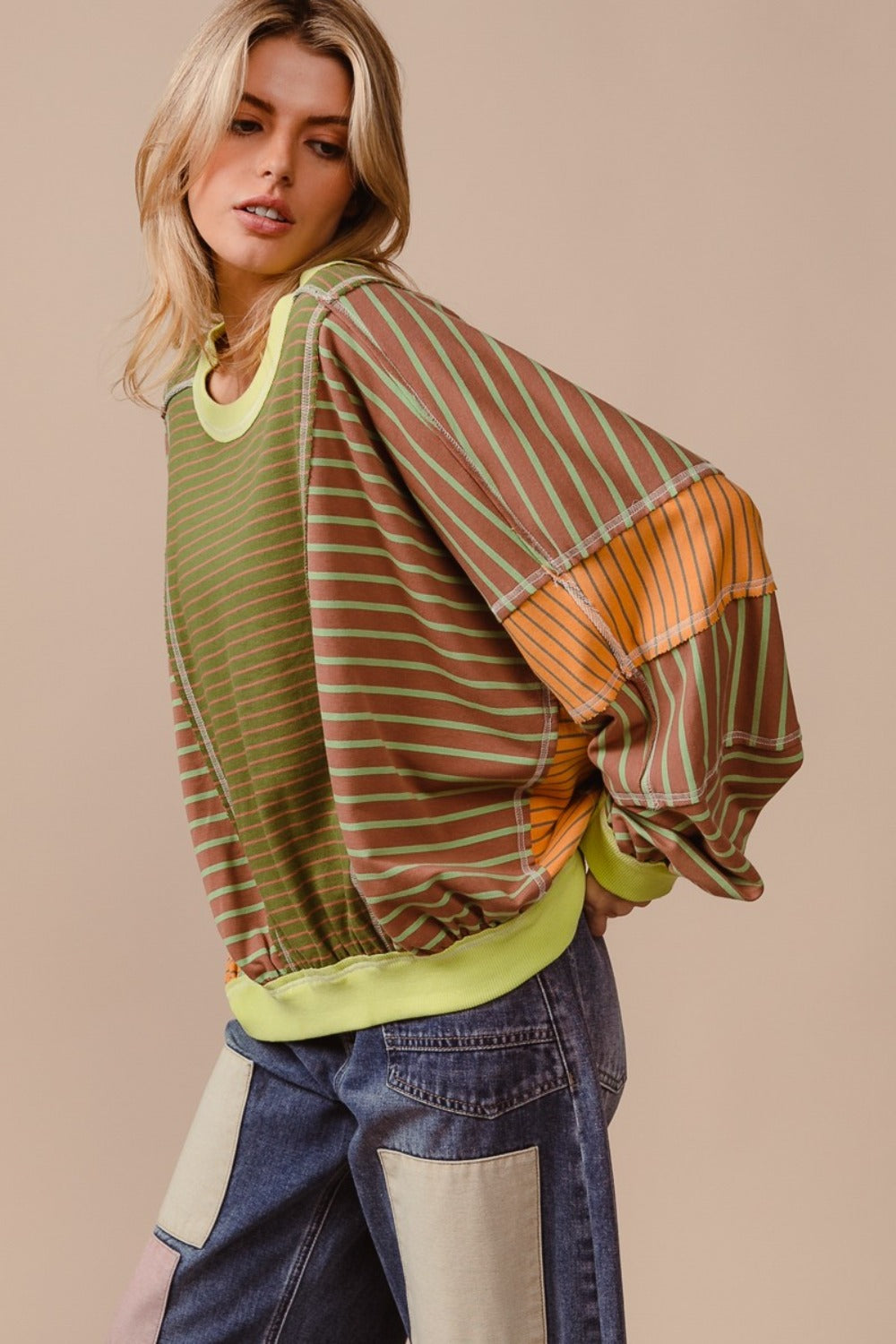 Color Block Striped Round Neck Sweatshirt - Kittybear Krafts