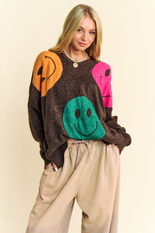 Davi & Dani Contrast Smile Round Neck Oversize Sweater Top Trendsi