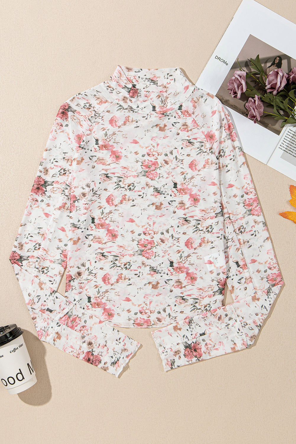 Pink Floral Long Sleeve High Neck Sheath Mesh Top Kittybear Krafts