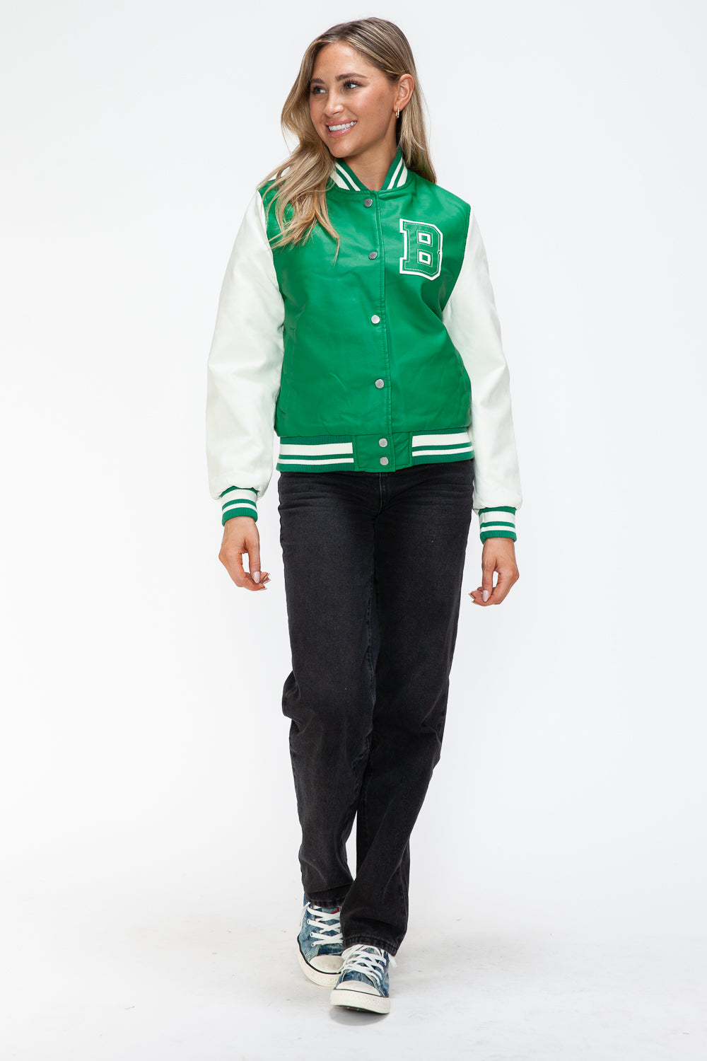 Love Me Now PU Leather Contrast Snap Down Bomber Jacket Trendsi