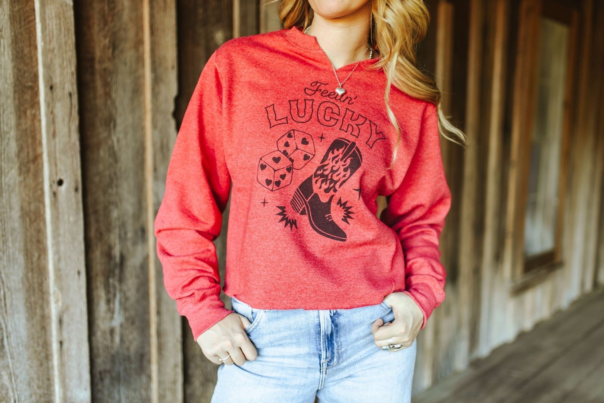 Feelin' Lucky Raw Hem V-Neck Crop Western Graphic Sweatshirt Wild Junkie