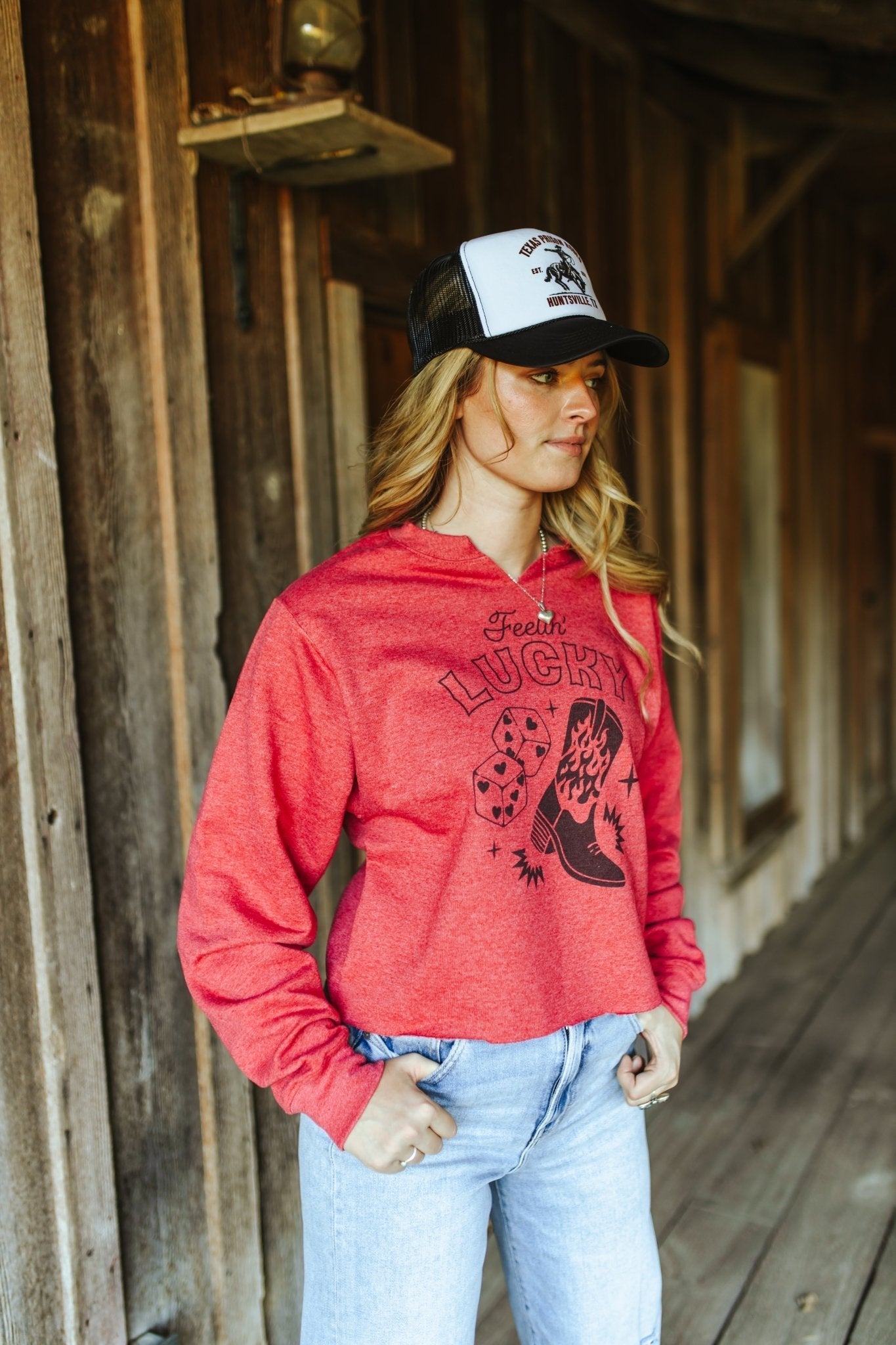 Feelin' Lucky Raw Hem V-Neck Crop Western Graphic Sweatshirt Wild Junkie