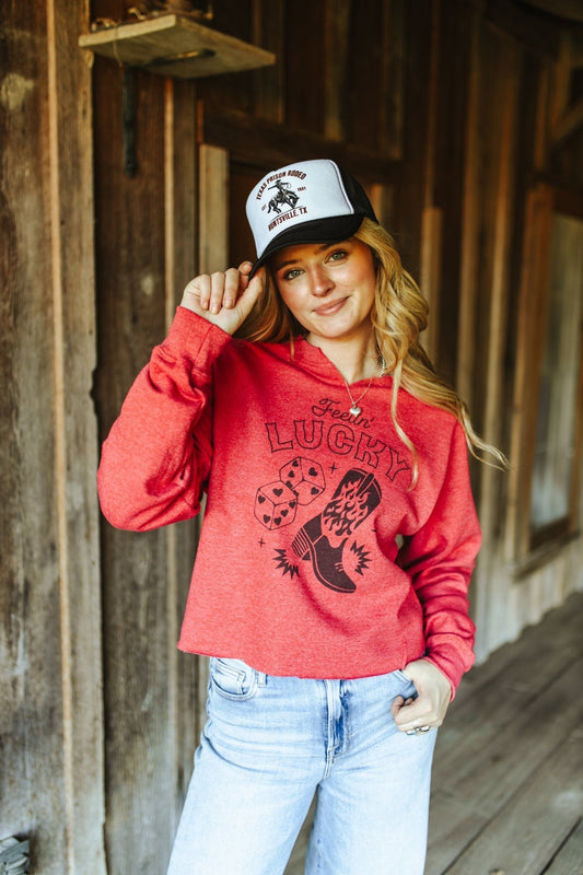 Feelin' Lucky Raw Hem V-Neck Crop Western Graphic Sweatshirt