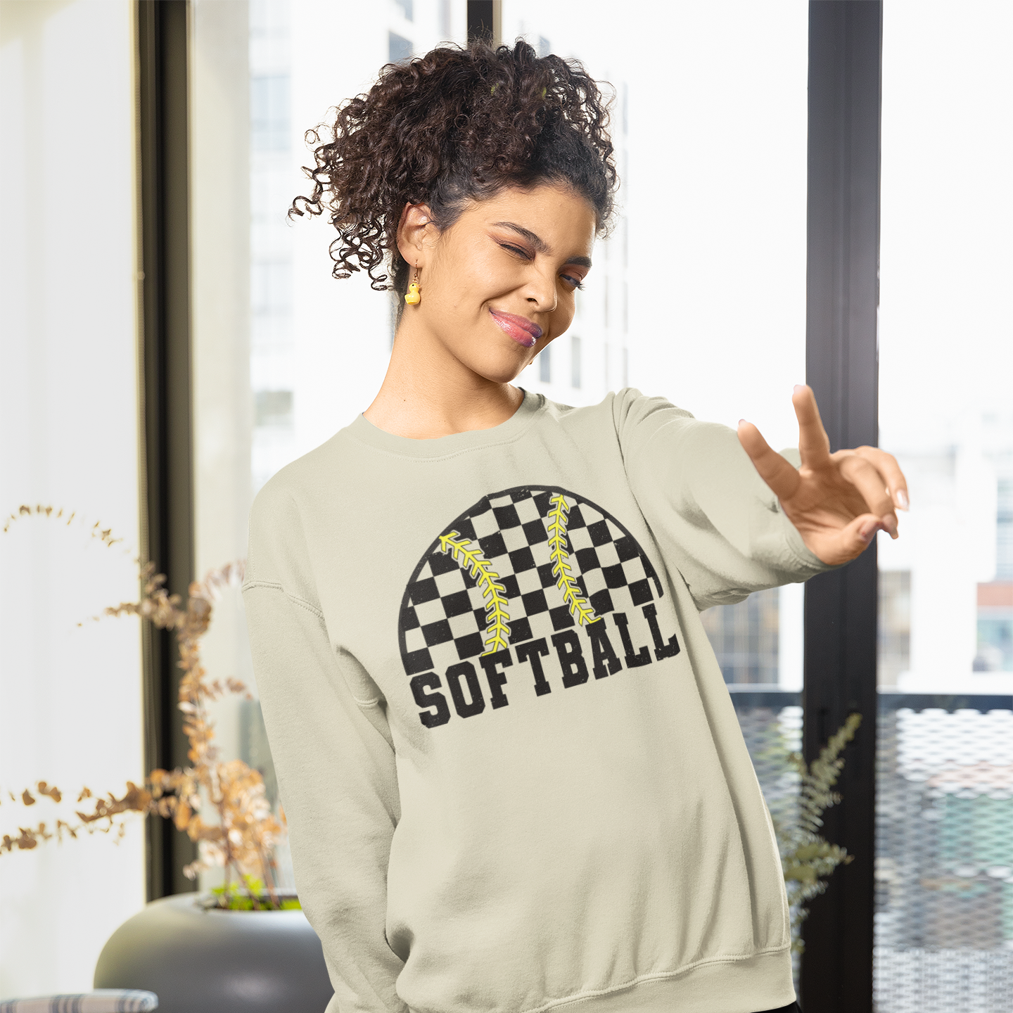 Softball Checkered Graphic Sweatshirt Tea Shirt Shoppe