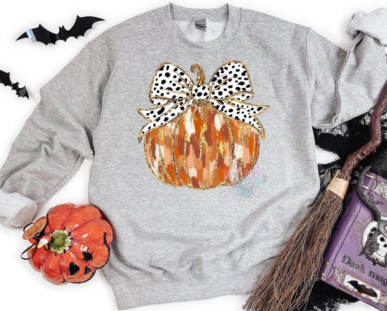 Pumpkin with Bow Faux Glitter Fall Crewneck Sweater - Kittybear Krafts