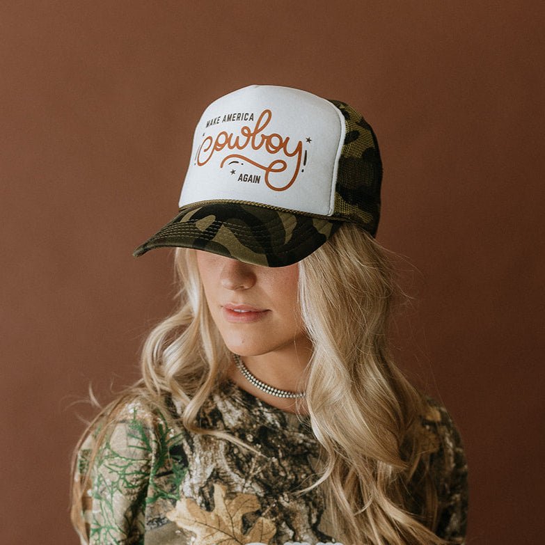 Make America Cowboy Again Camo Trucker Hat Wild Junkie