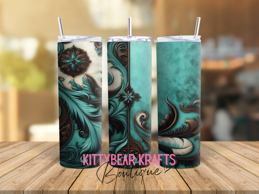 Turquoise Leather Western 20 oz Stainless Steel Tumbler